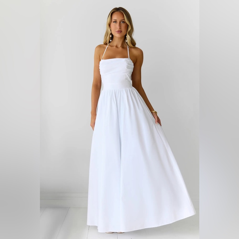 Hello Molly FEATHERED SNOW HALTER MAXI DRESS WHITE